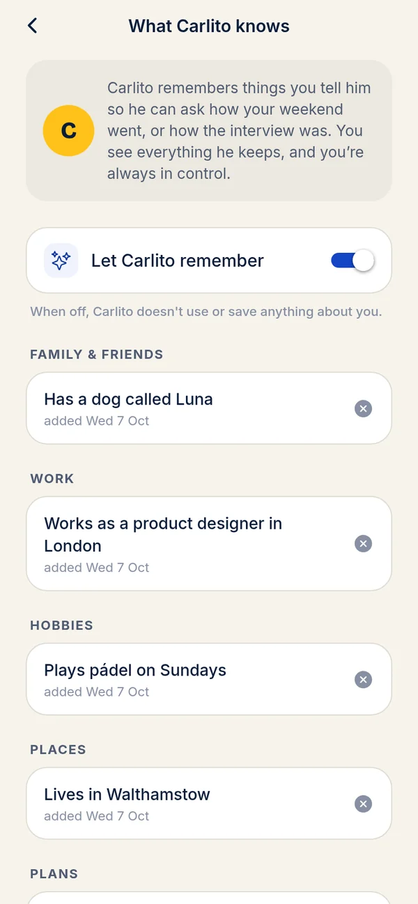 What Carlito knows: has a dog called Luna, works as a product designer